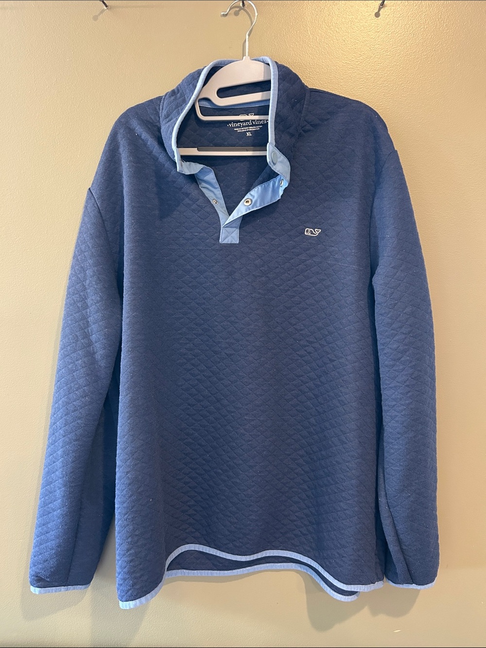 Vineyard Vines Navy Quilted Pullover with Light Blue Trim